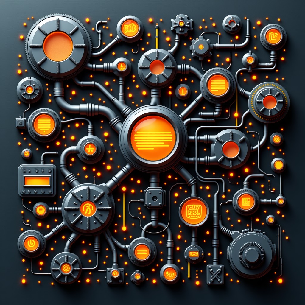 Abstract representation of interconnected industrial machinery and digital interfaces, vibrant orange and charcoal grey lighting, industrial design style, 4:3.