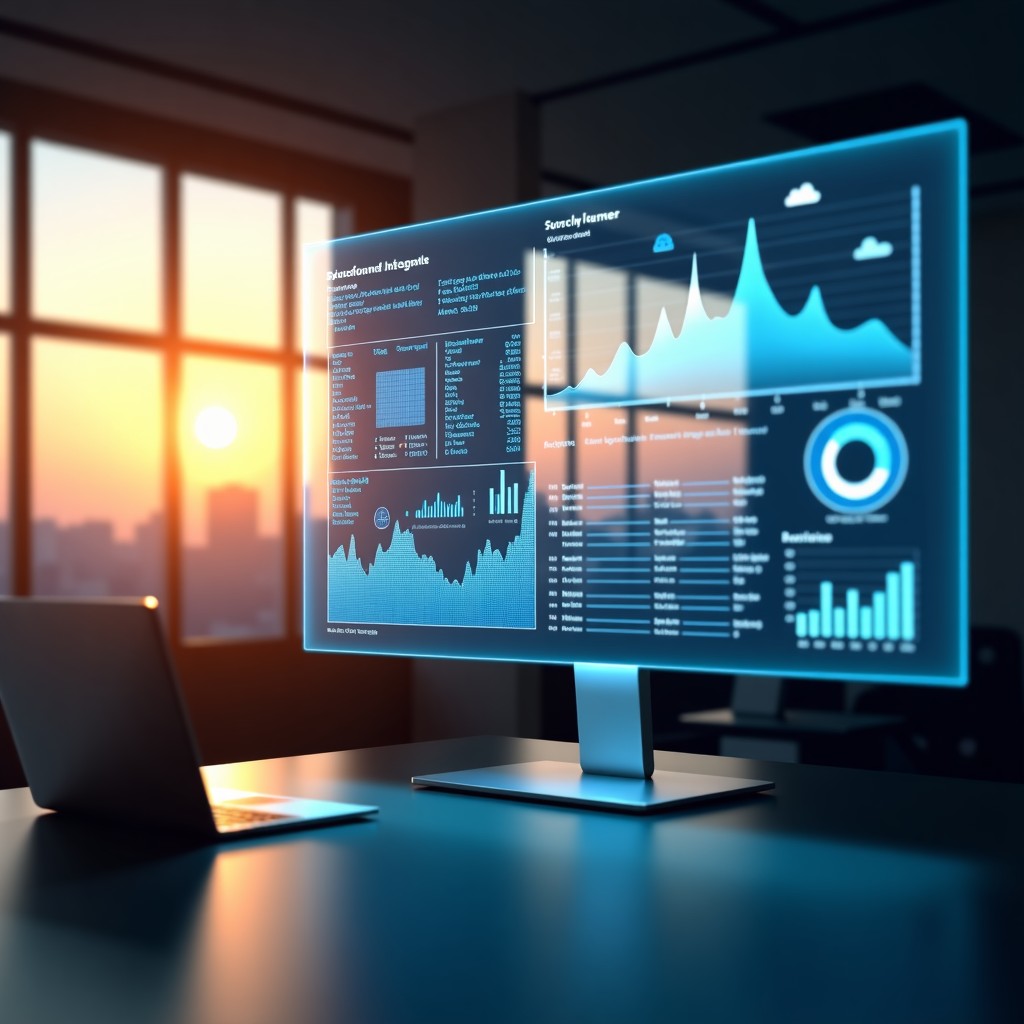 A professional workspace with holographic charts and planning boards, sleek modern office interior, sunset golden hour lighting, 4:3.