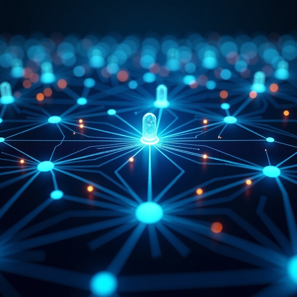 Abstract representation of a vast digital ecosystem with interconnected nodes and glowing light paths in a dark tech background, hyper-realistic, 4:3