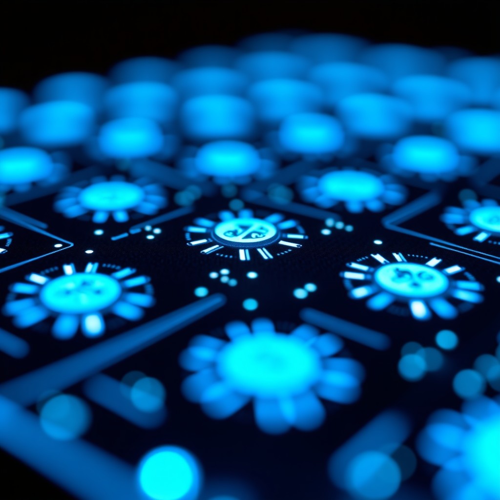 Close-up of sophisticated hardware components glowing with blue light, representing high-end computational power and infrastructure, sharp focus, 4:3