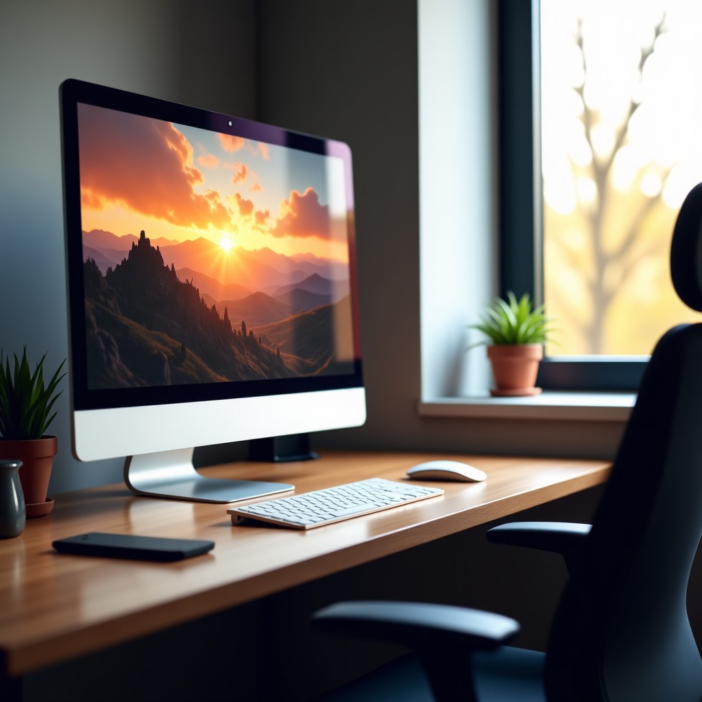 Modern home office workspace, ergonomic setup, clean desk with computer screen showing elegant UI, warm natural lighting, 4:3 aspect ratio