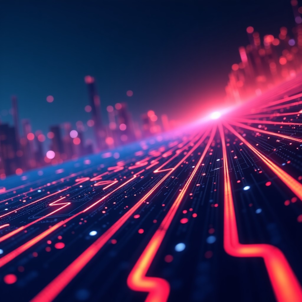 Concept of computer hardware performance, abstract glowing lines, speed and optimization, futuristic workspace, 4:3