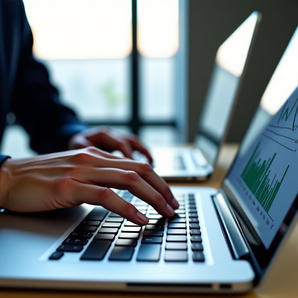 Close up shot of a professional hand interacting with a sleek laptop screen displaying data analytical graphs, minimalist office aesthetic, natural lighting, 4:3 ratio.