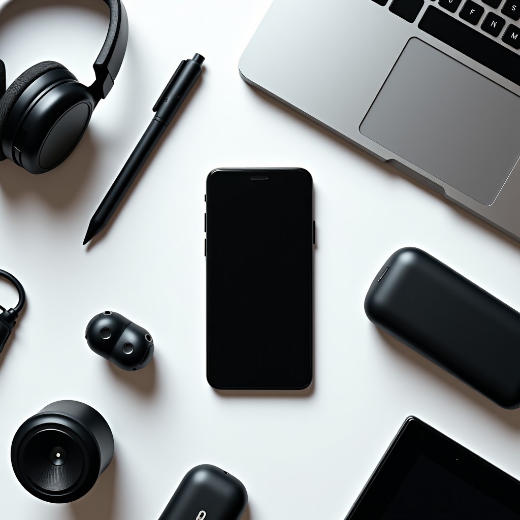 A flat lay of modern tech gadgets, smartphone and laptop on a clean textured surface, high quality, professional studio lighting, 4:3 ratio.