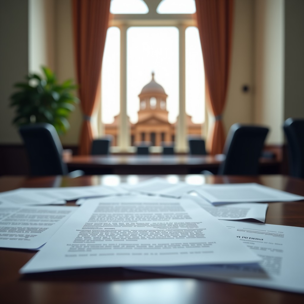 A professional office environment with legal documents scattered on a desk, a blurred view of a courtroom or government building in the background, realistic style, 4:3 ratio.