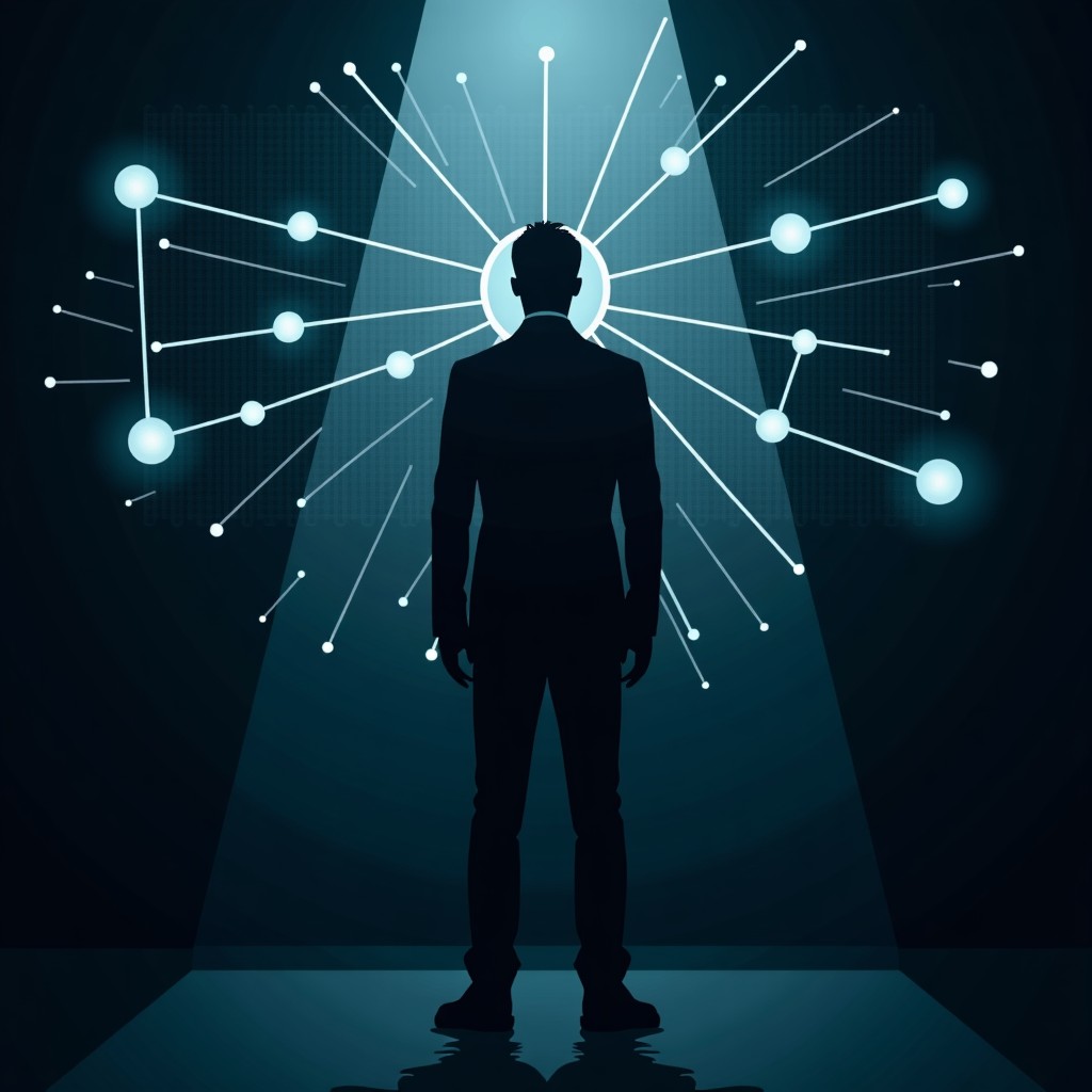 A dark conceptual illustration showing digital network nodes connecting to a silhouette of a person, symbolizing mass surveillance and data tracking, high contrast, cinematic lighting, 4:3