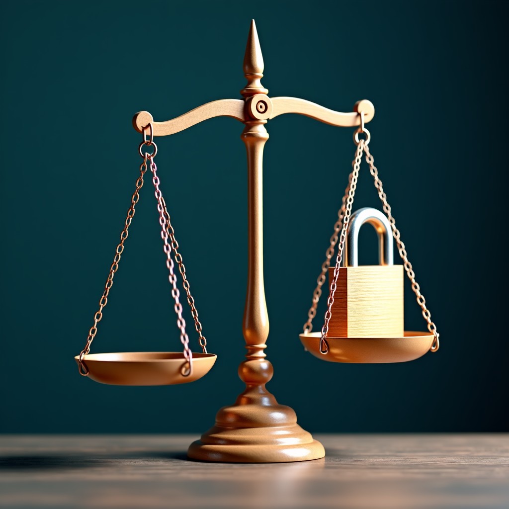 A scale balancing between government authority and a private digital lock, representing the tension of privacy laws and data surveillance, realistic, textured background, 4:3