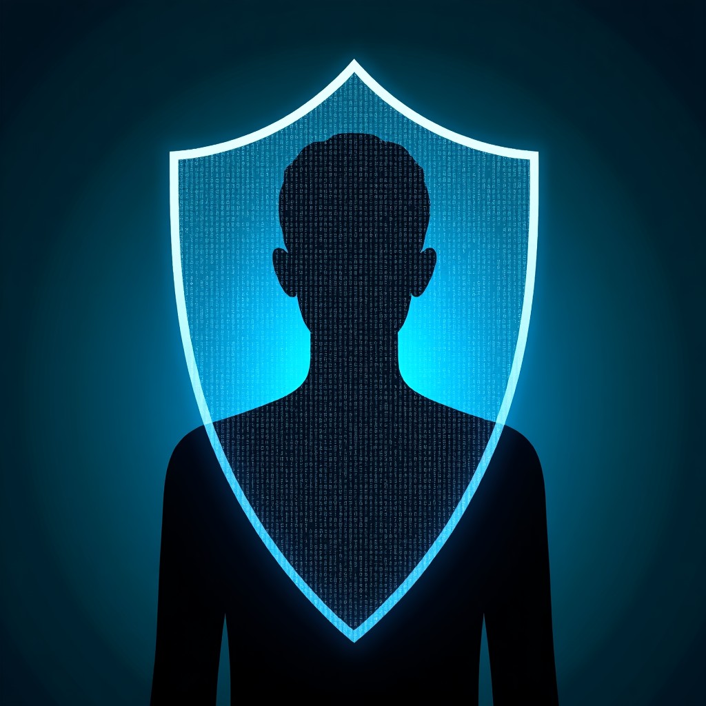 A complex maze of digital code forming a protective shield around a person, symbolizing the struggle between technological innovation and privacy protection, sharp focus, 4:3