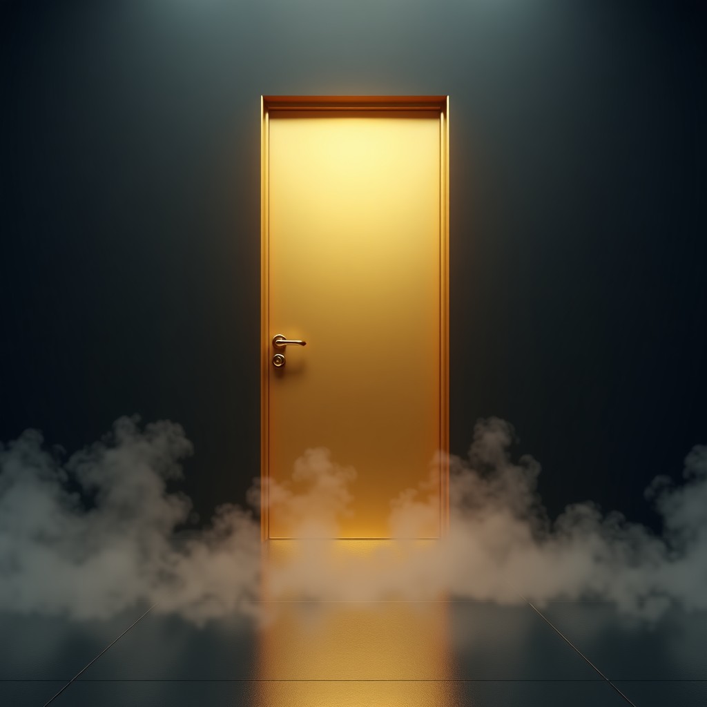 A surreal conceptual image of a massive sleek golden door blocking a dark, smoky, messy room, representing corporate obfuscation, dramatic studio lighting, sharp focus, 4:3