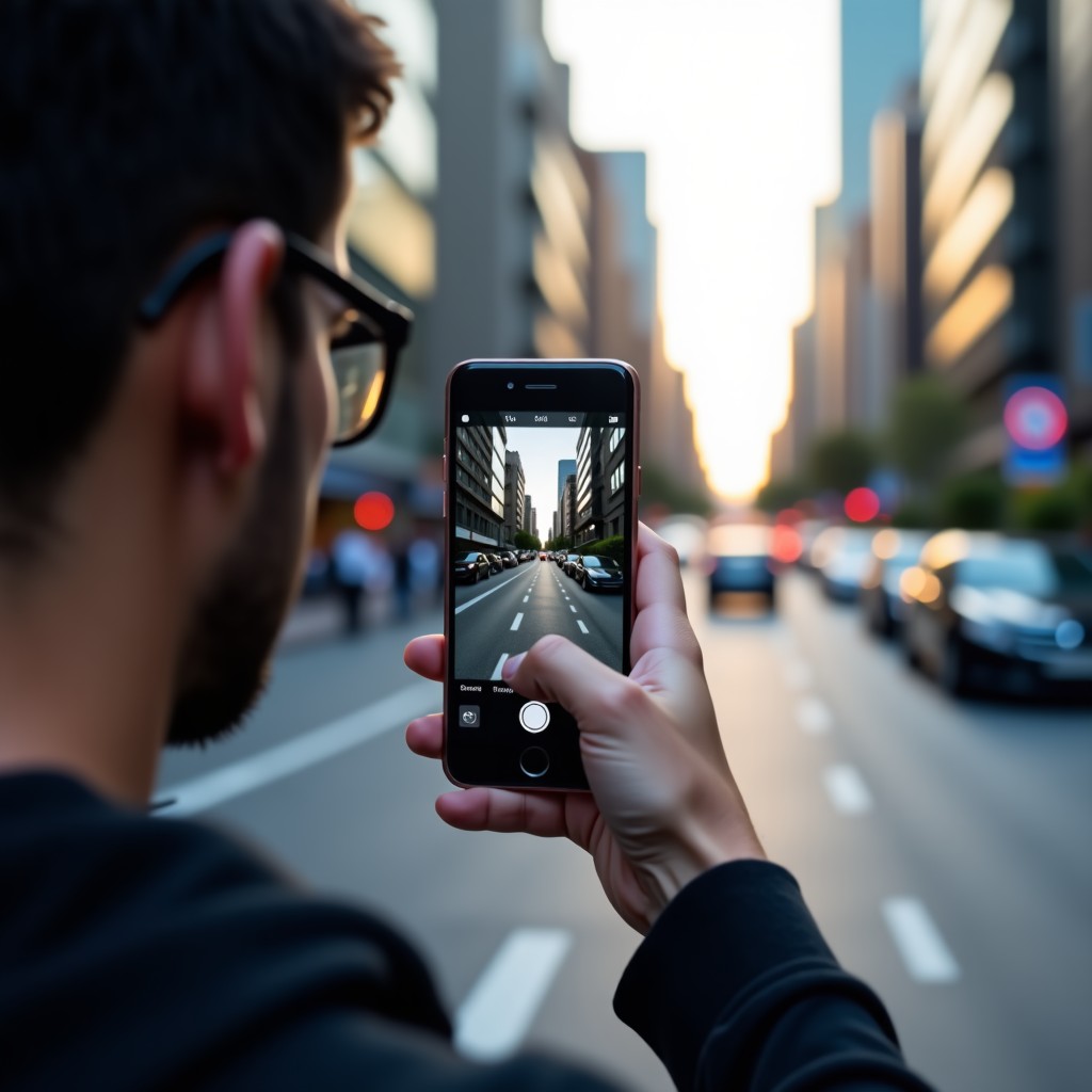 A person holding a smartphone filming a city street scene for AI data collection, cinematic natural lighting, realistic atmosphere, 1:1