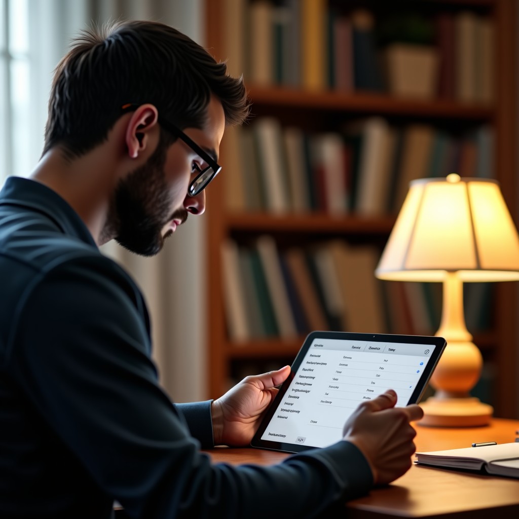 A person thoughtfully checking privacy settings on a tablet device in a cozy home office, realistic lighting, high detail, 1:1