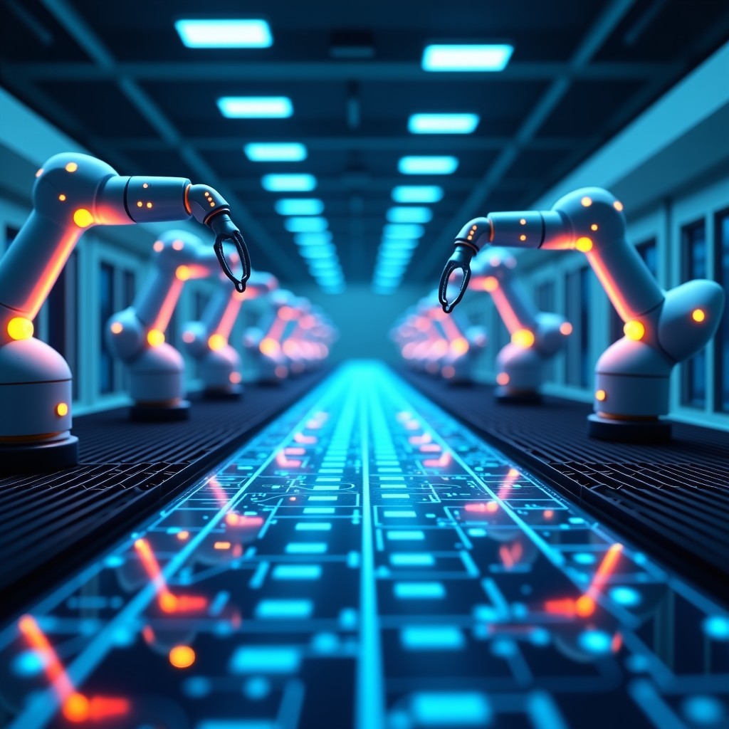 Abstract representation of AI infrastructure, interconnected glowing circuits, robotic arms working in a modern clean factory, digital connectivity, professional and modern style, 1:1