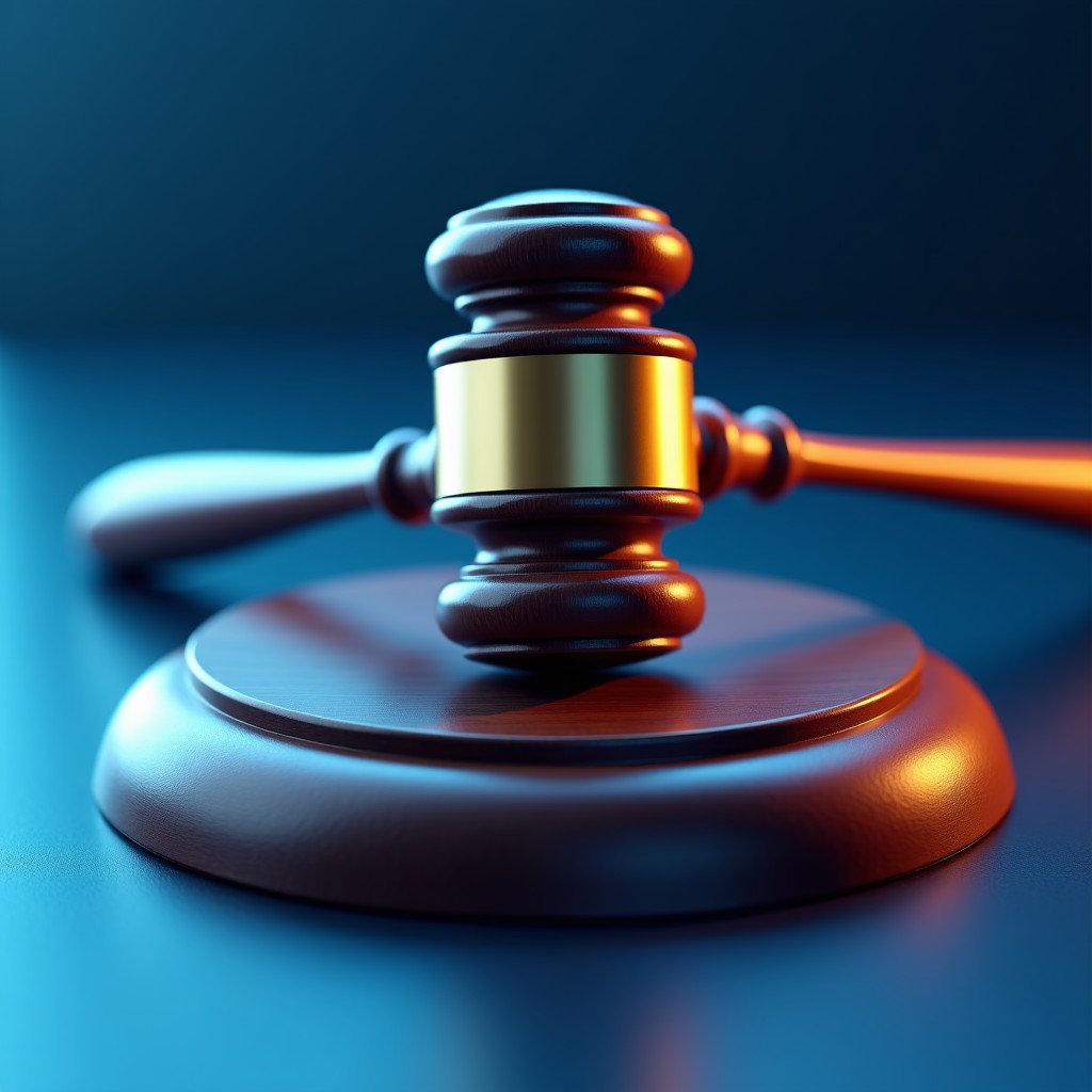 A legal gavel resting on a digital screen, conceptual representation of corporate liability and cybersecurity law, modern, clean, 4:3