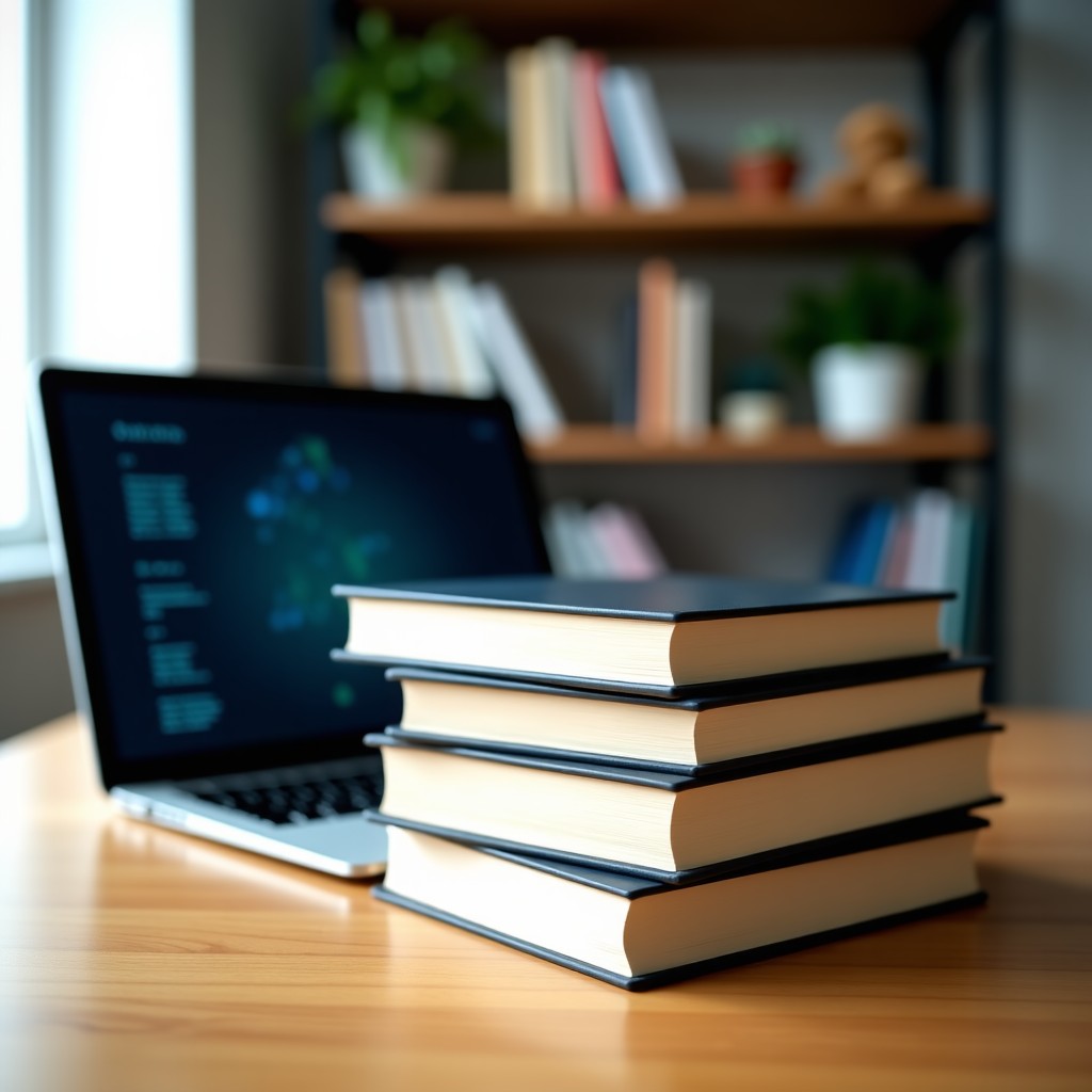 A stack of hardcover books resting on a clean wooden table with a digital tablet showing abstract data patterns in the background, cinematic lighting, 4:3