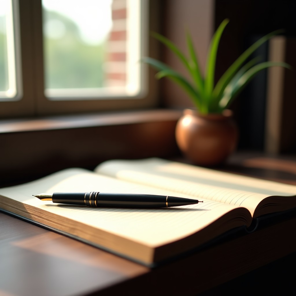 An open vintage notebook with a fountain pen on a desk, soft natural light from a window, peaceful atmosphere, high resolution, 4:3