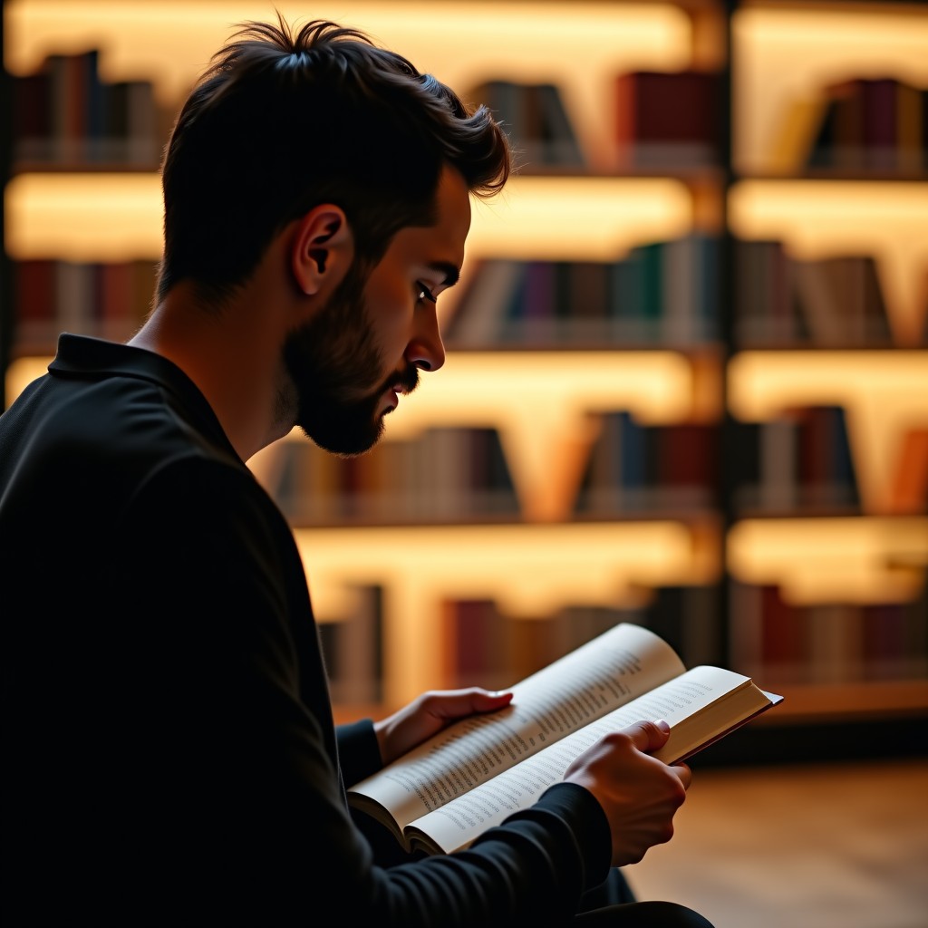 A person reading a book in a modern library with warm ambient light, minimalist interior, focus on the book page, sharp details, 4:3