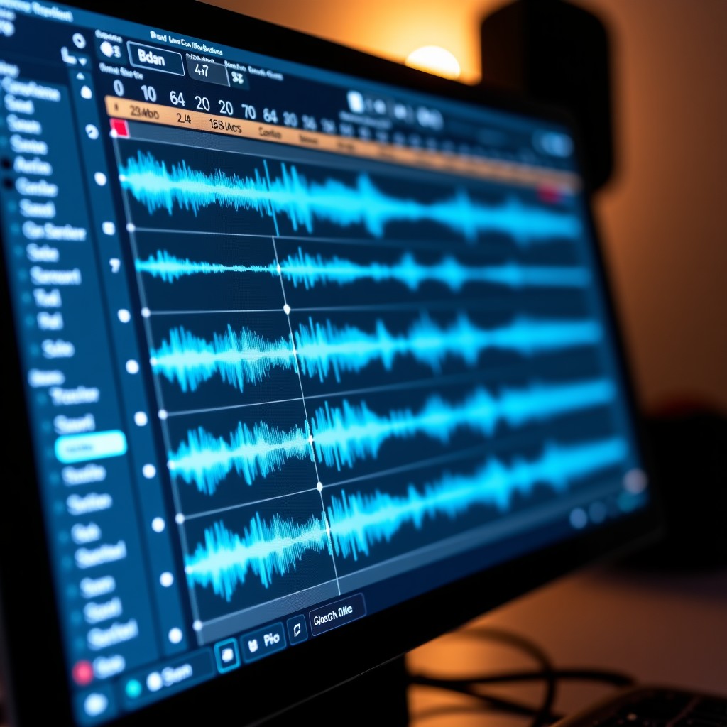 A professional digital audio workstation screen showing multiple voice tracks and sound layers, clean and sharp, 4:3