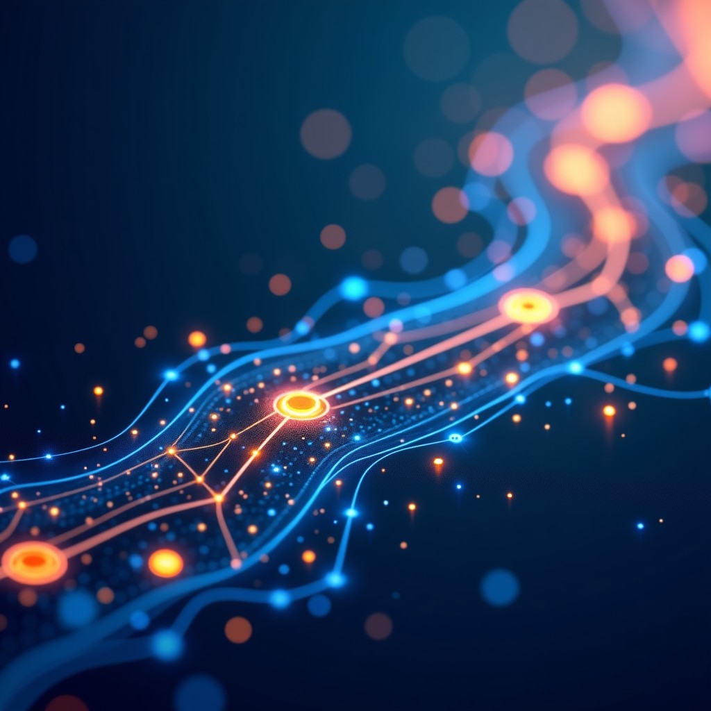 Abstract representation of digital flow and artificial intelligence processing tokens, glowing data particles, futuristic blue and gold theme, 4:3