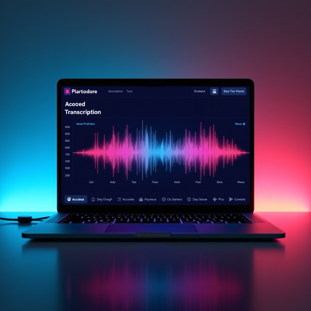 A sleek digital interface displaying audio transcription progress, vibrant waveform visualization, high contrast, tech-focused, 4:3