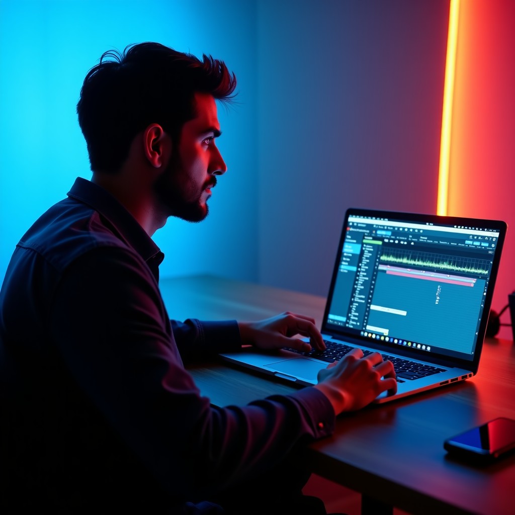 A professional person working on a high-end laptop with audio editing software, clean background, cinematic lighting, modern workspace, 4:3