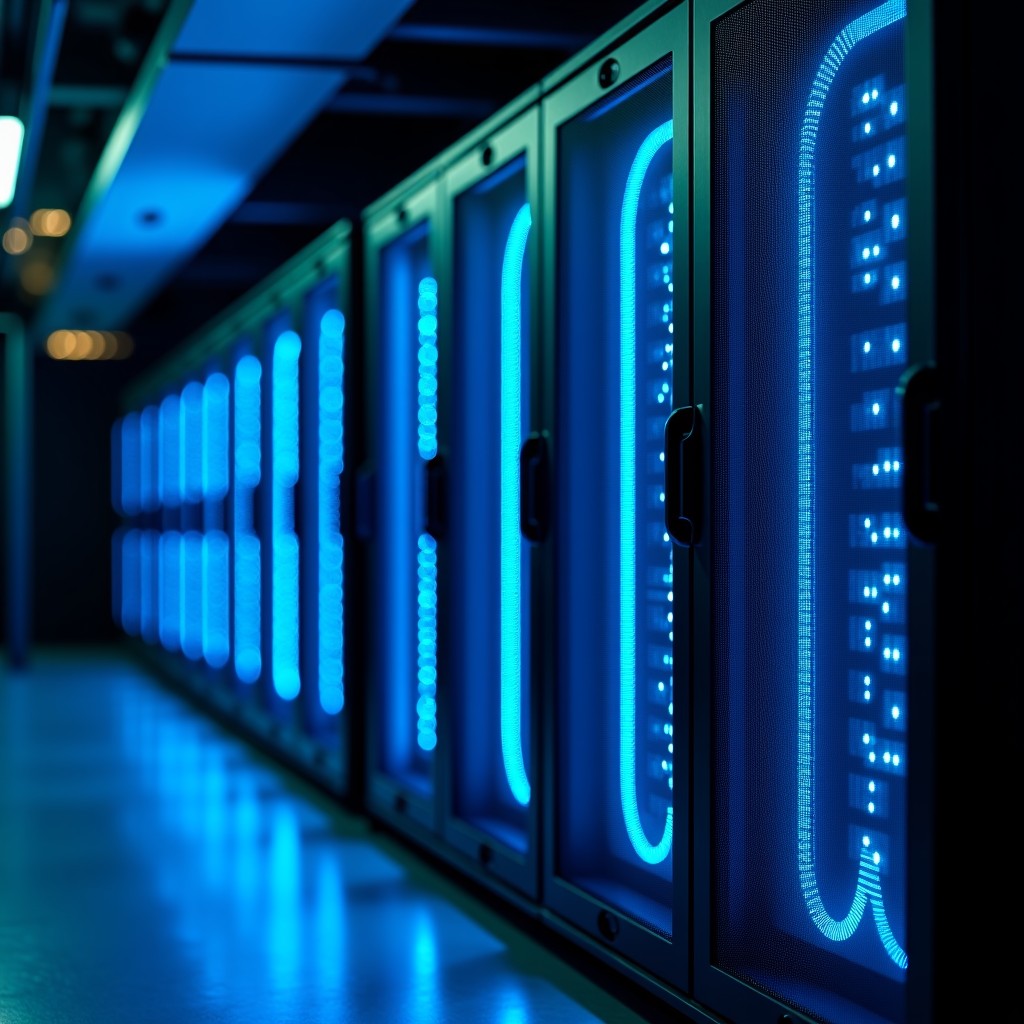 A sleek server rack with integrated liquid cooling tubes glowing with subtle blue light, professional data center environment, wide angle, 4:3