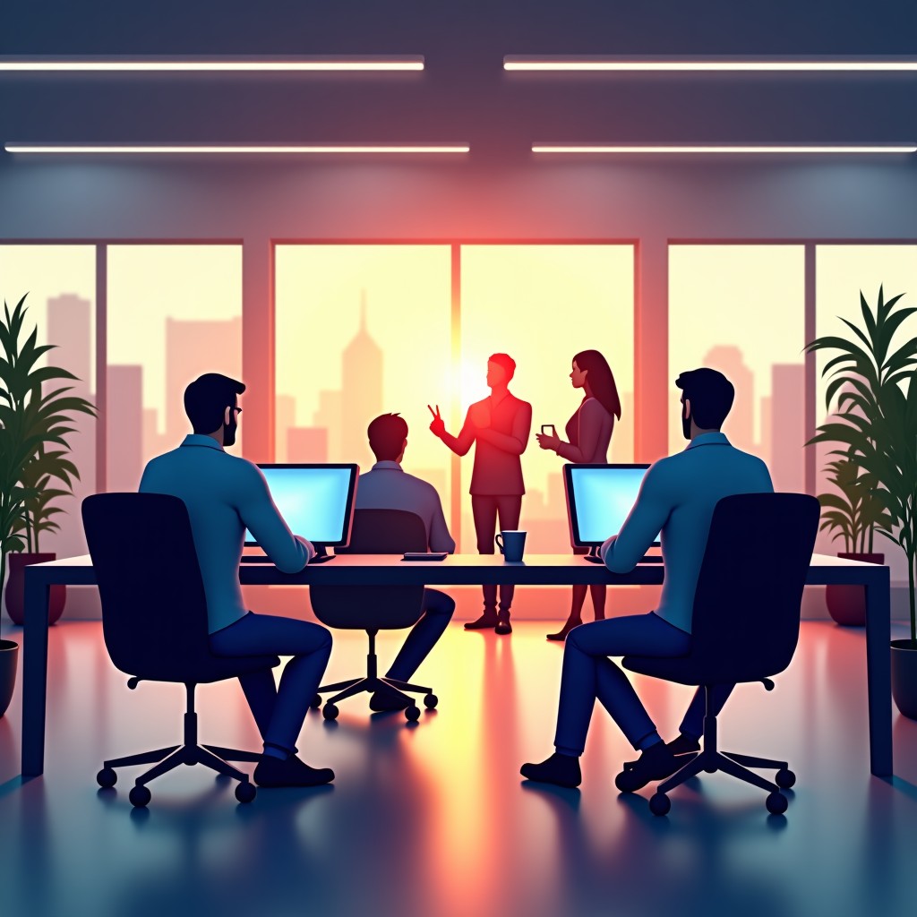 A team of diverse game developers brainstorming together in a collaborative office space, professional and creative atmosphere, 4:3