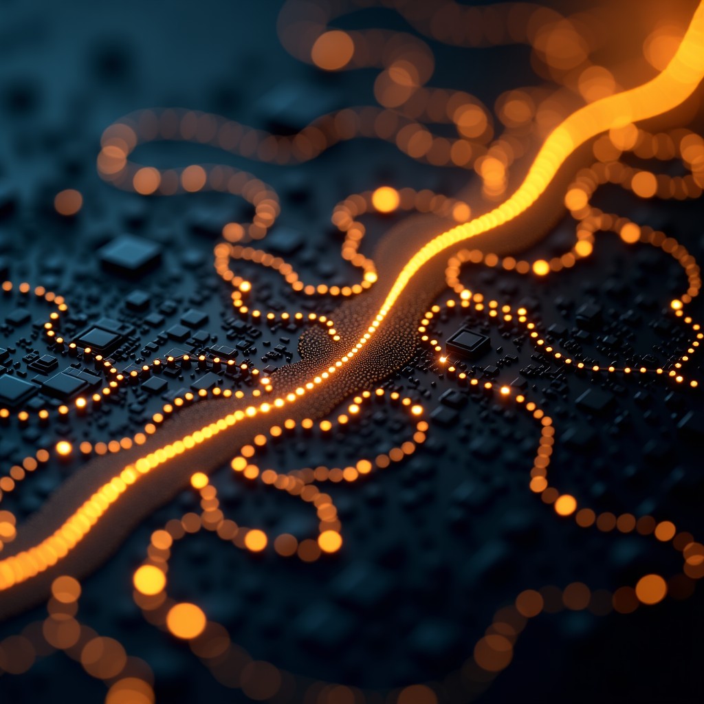 Abstract representation of digital neural networks, golden circuitry patterns, dark technological background, sharp focus, 4:3