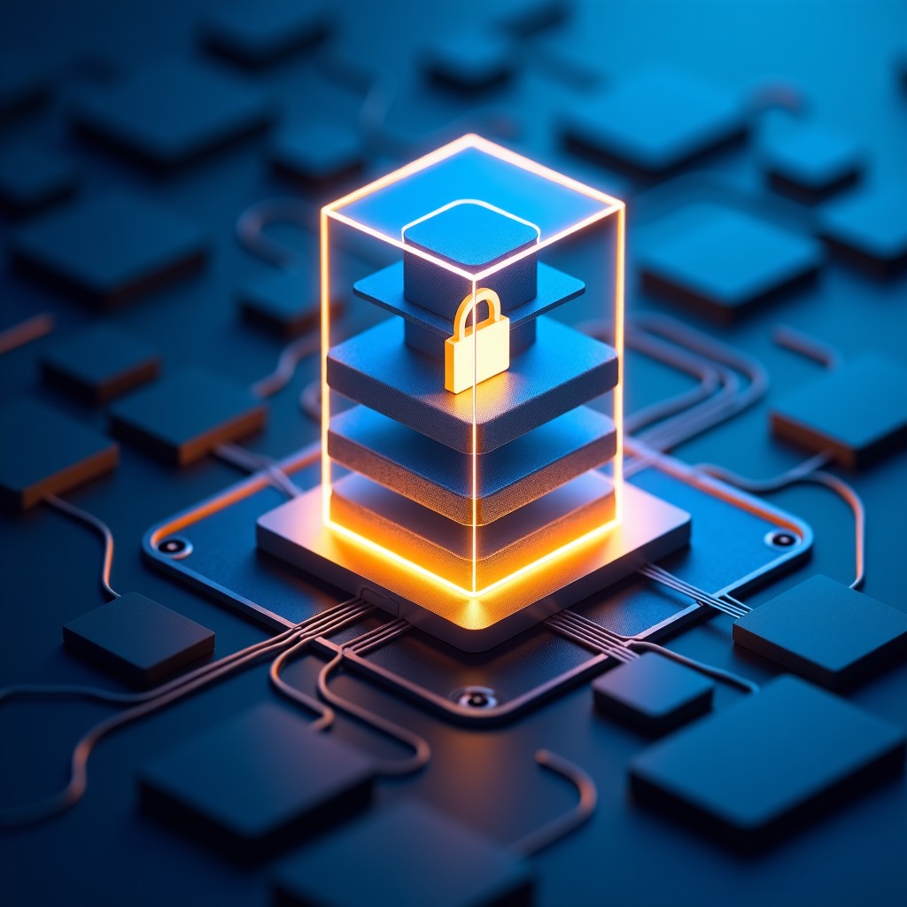 Abstract representation of digital security layers protecting a glowing server, blue and gold light tones, modern technology, clean, cinematic lighting, 4:3