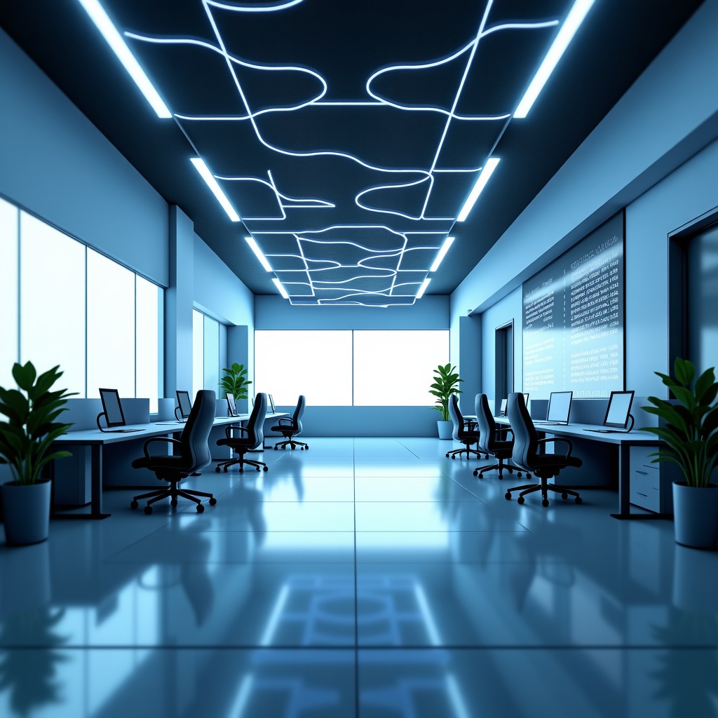 Futuristic office space with interconnected glowing lines representing data flow, calm and secure feeling, high-tech interior, soft daylight, 4:3