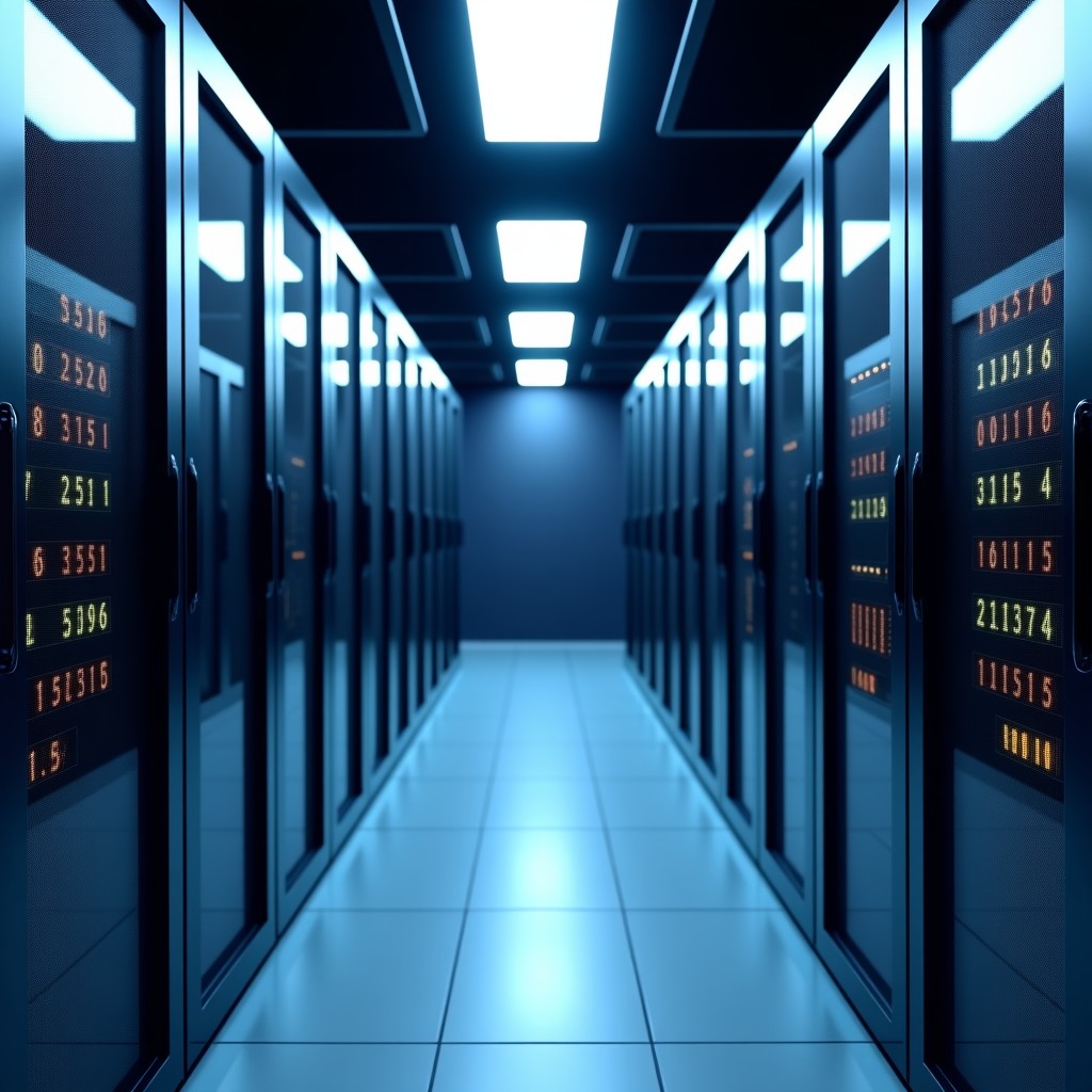 Interior of a high-tech data center with clean lines and glowing server indicators, professional atmosphere, realistic style, 16:9 aspect ratio.