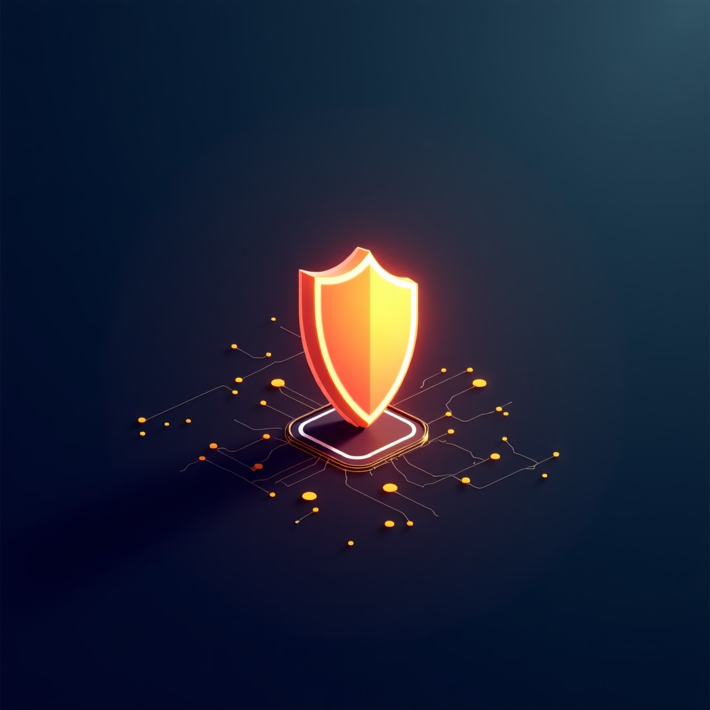 An abstract representation of technology security and data privacy, a glowing shield icon within a digital web, minimal style, neutral professional color palette, 4:3 aspect ratio.