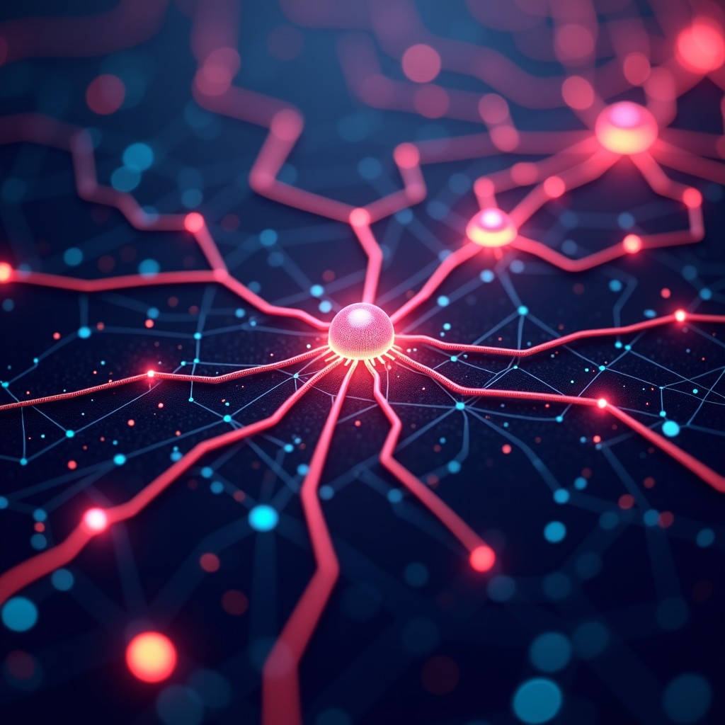 Abstract representation of neural networks and data flow, glowing lines and nodes, high tech aesthetic, 4:3