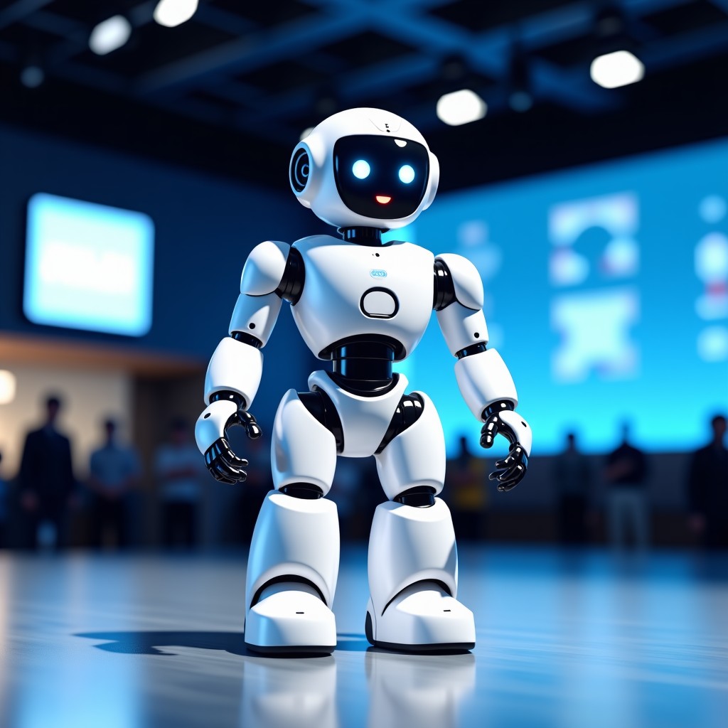 A realistic, high-quality photograph of a humanoid robot character resembling a snowman on a professional technology conference stage, bright and balanced lighting, wide angle, 4:3
