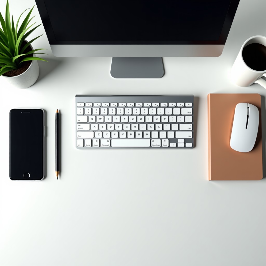 A neatly organized modern workspace with a keyboard, notebook, and digital device, minimalist design, soft natural lighting, high quality, 1:1
