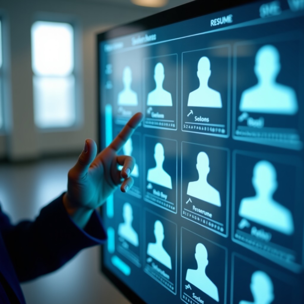 Close up of a robotic hand sorting digital resumes on a holographic screen, blurred office background, soft lighting, 4:3