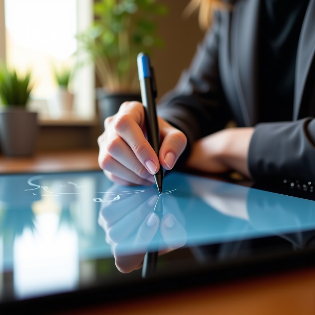 Close up of a creative professional hand using a high tech stylus on a tablet creating digital art, soft natural light, 4:3