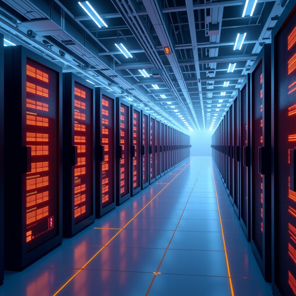 Large scale data center server racks connected to a fusion power energy grid, digital interconnection, conceptual, 4:3