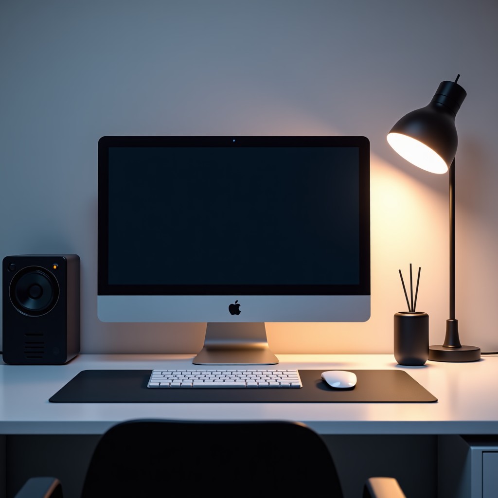 A stylish minimalist desk setup with modern tech gadgets, soft lighting, focus on a clean workspace, high-end photography, 4:3 aspect ratio