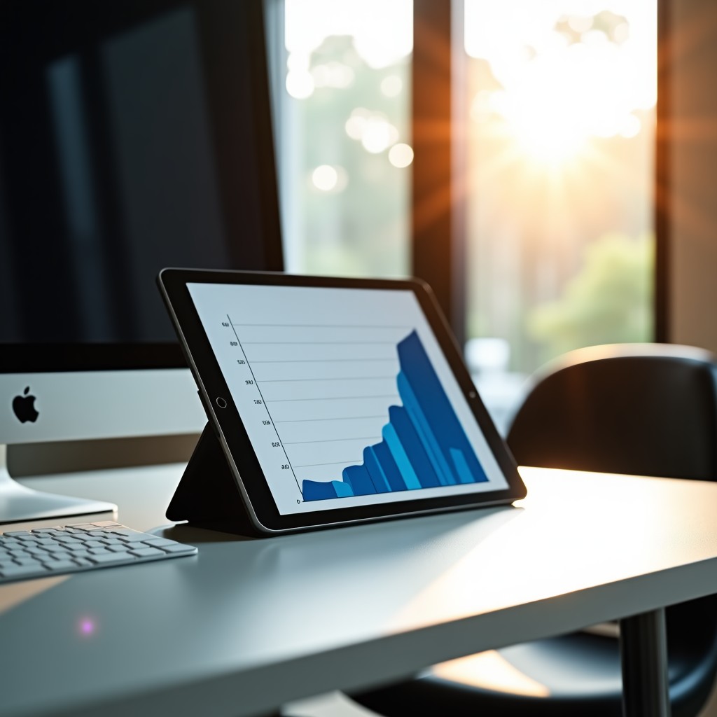 A professional workspace with a tablet showing financial growth graphs, minimalist desk, sunlight streaming through, focused and calm environment, 4:3