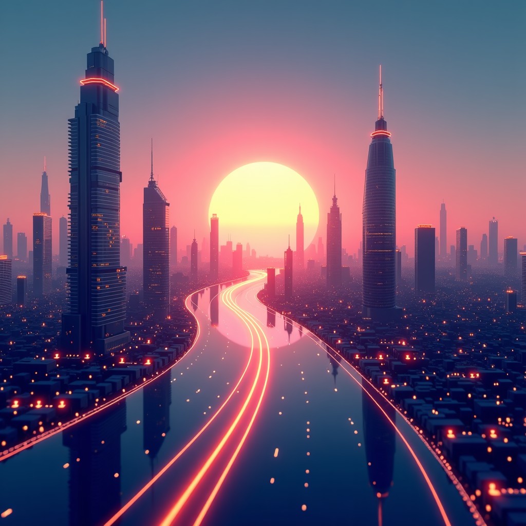 미래적인 도시의 모습과 디지털 기술