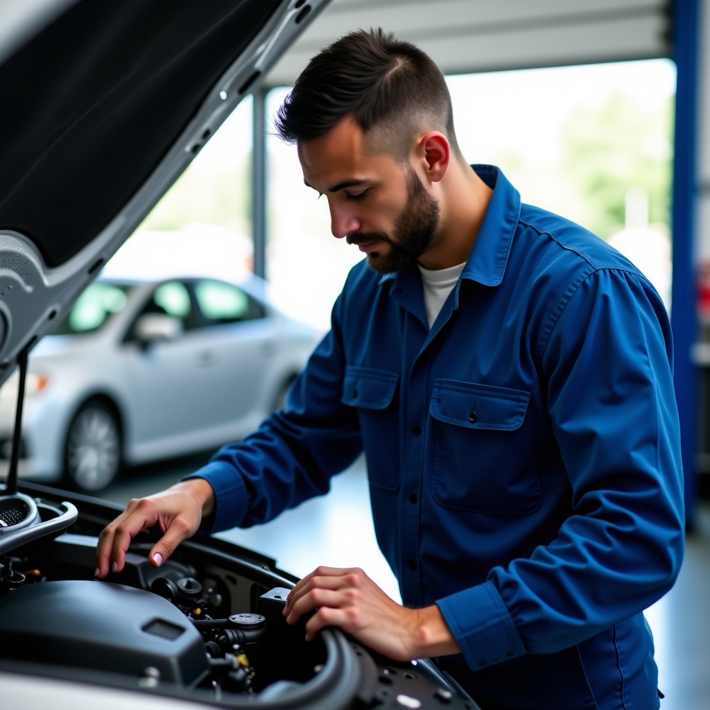 Close up of a mechanic checking a vehicle engine, professional automotive maintenance, bright and clean workshop, 4:3
