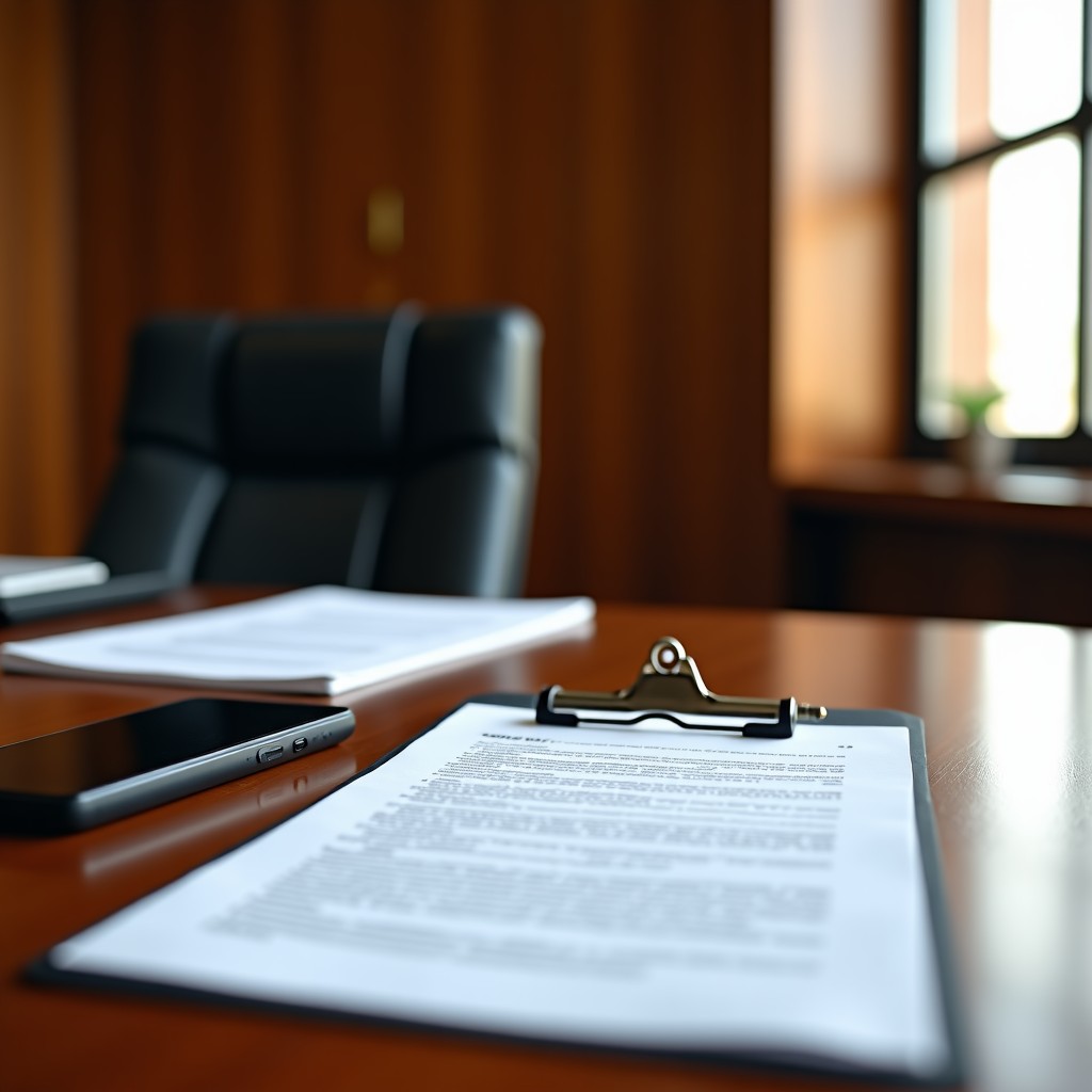 A professional legal courtroom environment with documents and digital devices on a wooden table, sharp focus, bright professional office lighting, realistic style, 4:3