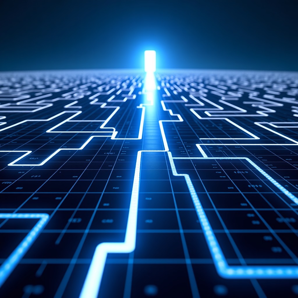 A complex maze made of light trails and digital grid lines converging towards a bright exit, representing technology regulation and choices, 4:3