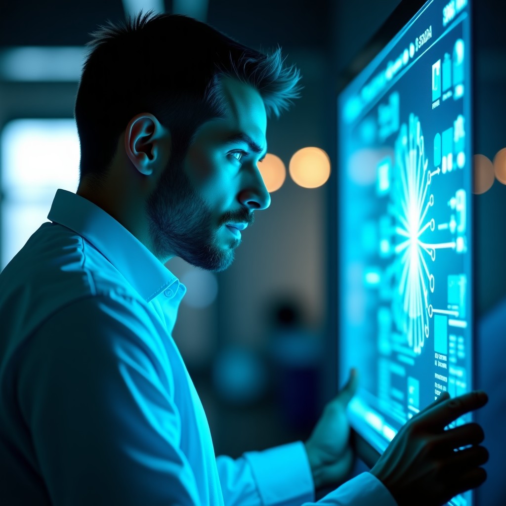 A researcher looking at a glowing holographic interface with a skeptical expression, soft studio lighting, high tech laboratory setting, 4:3 aspect ratio