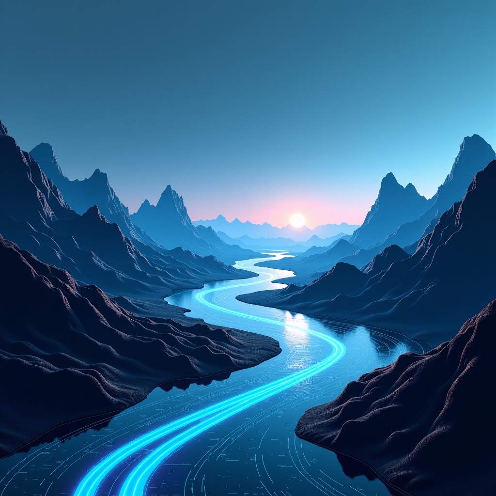 Futuristic technology landscape with digital layers and data flows, high contrast, cinematic lighting, 4:3