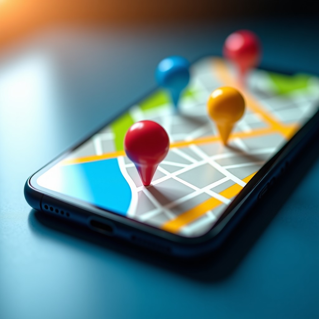 Close up of a smartphone map app displaying location markers and business pins, colorful modern aesthetic, soft focus background, realistic lighting, 4:3