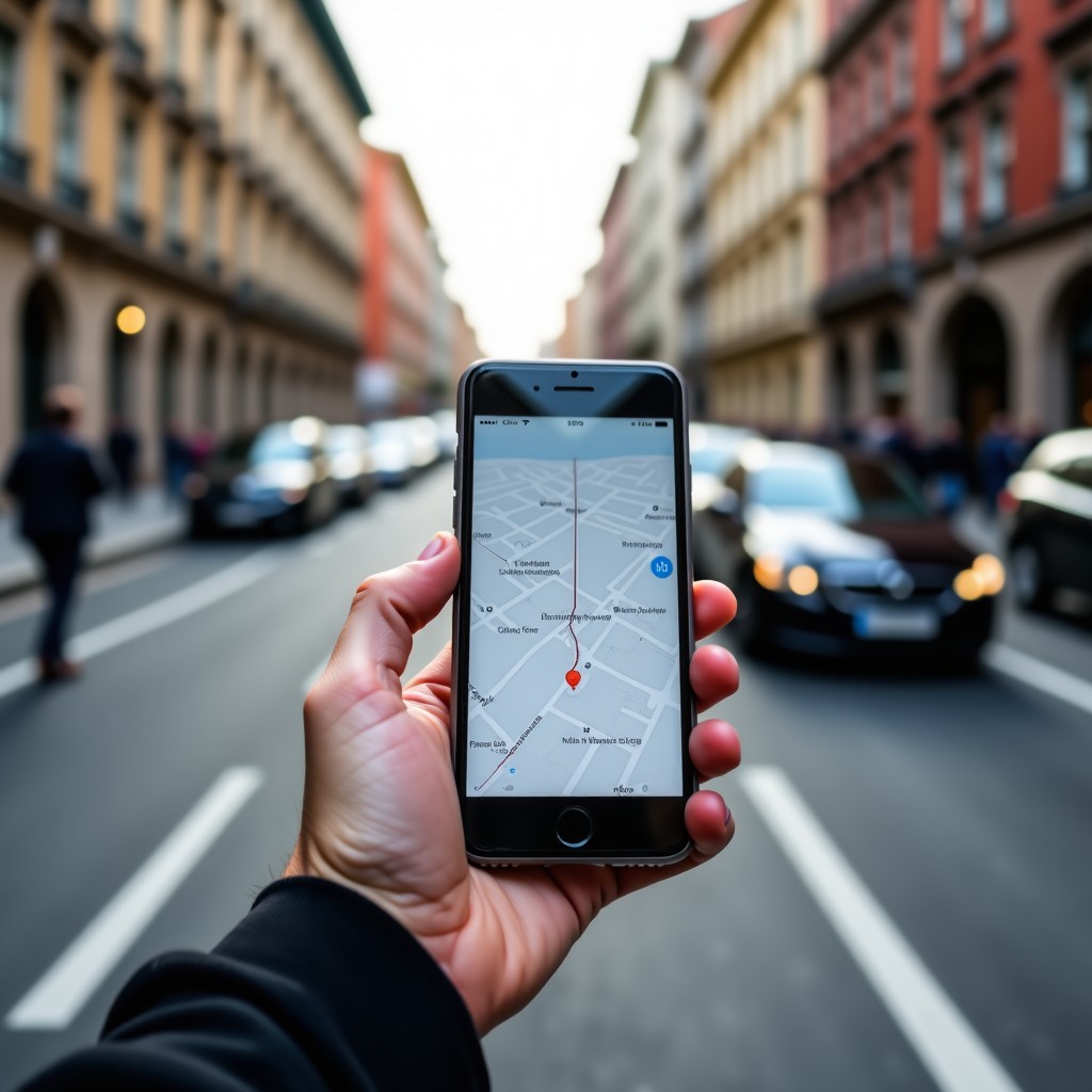 A person holding a smartphone on a city street, navigation app visible on the screen, natural lighting, urban environment, high resolution, 4:3