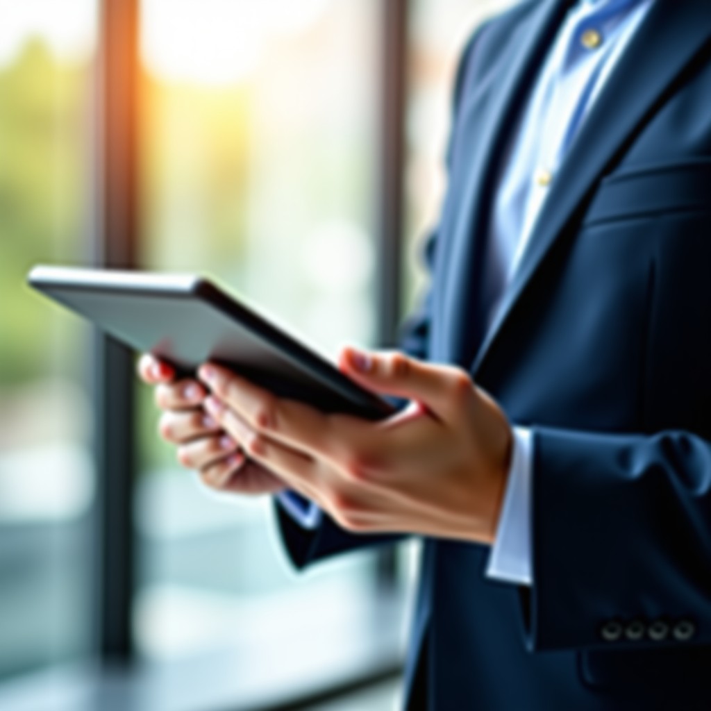 Close up of a business person checking digital folders and credentials on a tablet, clear and methodical workflow, bright office lighting, 4:3