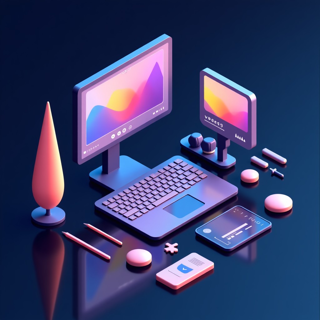 Conceptual art of digital transformation and video editing tools, abstract geometric shapes, professional color palette, elegant design, 16:9 aspect ratio.