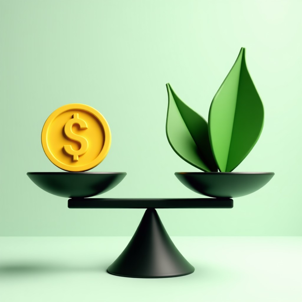 A futuristic balanced scale where one side holds a golden coin and the other a green energy leaf, representing the balance of finance and environment, clean minimalist background, 16:9 aspect ratio